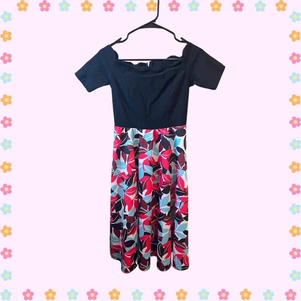 Vintage 50s/60s Inspired Floral Scallop Fit & Flare Dress Retro Kawaii